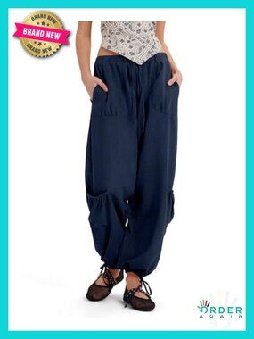 Linen Blend Boho Balloon Pants Drawstring Cargo Pants with Pockets
